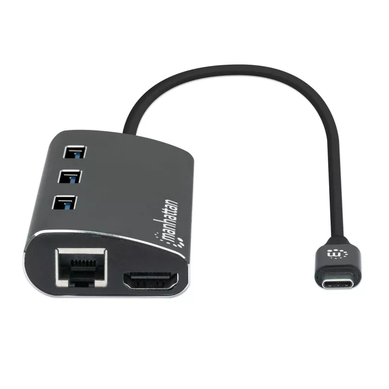 Manhattan USB-C Doks/Hubs ar karšu lasītāju, Porti (x6): Ethernet, HDMI, USB-A (x3) un USB-C, ar Power Delivery (100W) uz USB-C portu, Universāls visām ierīcēm, Alumīnijs