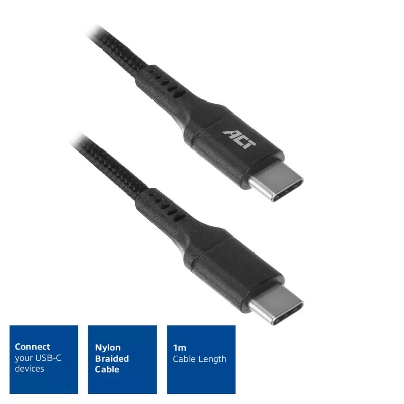 ACT USB 2.0 uzlādes/datu kabelis C male - C male 1 metrs, neilona
