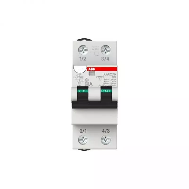 ABB DS202CR B16 A30 kombinētais automātiskais slēdzis ar noplūdes aizsardzību — B tips, A tipa noplūde, 16 A, 4000 V, 36×72×86 mm