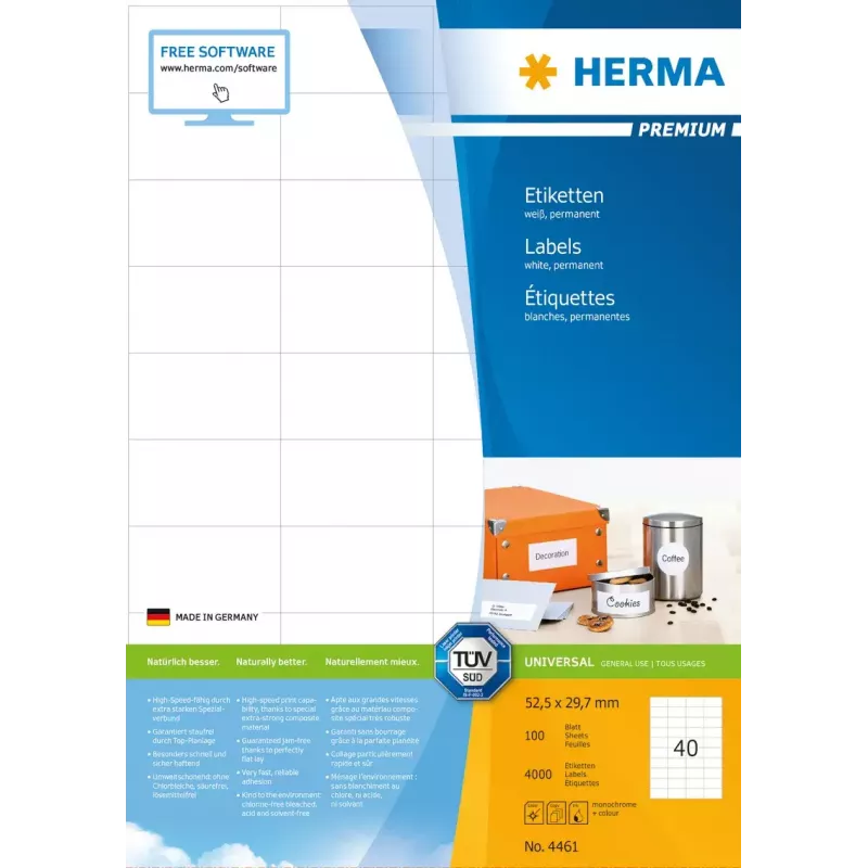 Pašlīmējošās printera etiķetes HERMA Labels Premium A4 52,5x29,7 mm
