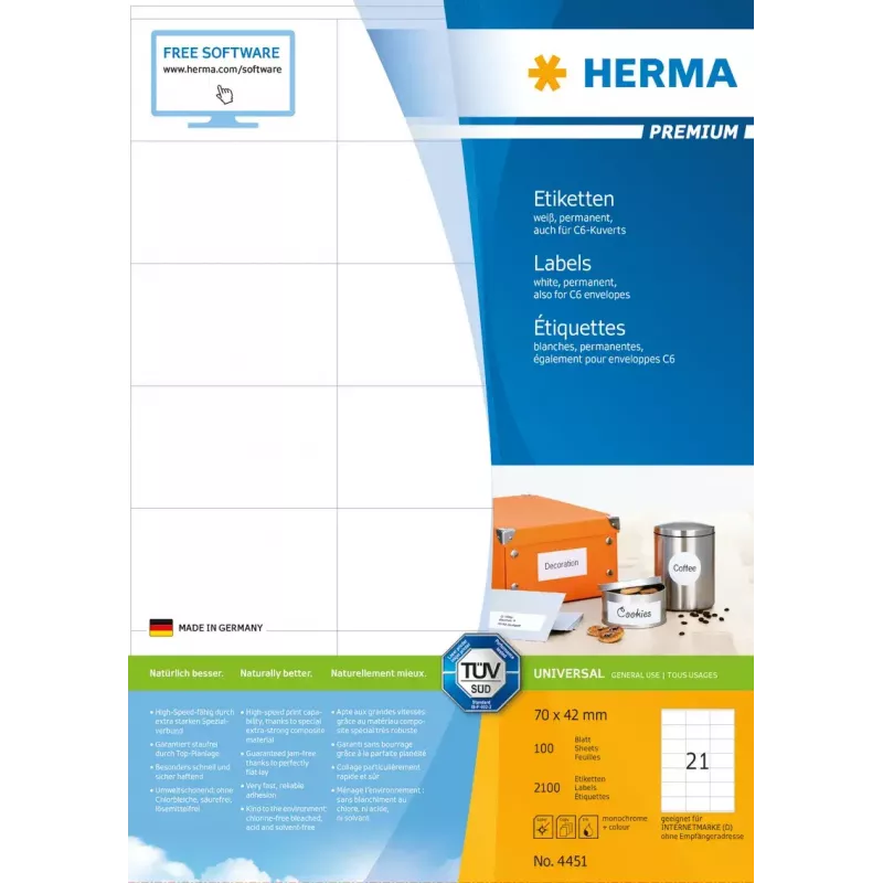 Uzlīmes HERMA Premium A4 70x42 mm balts matēts papīrs 2100 gab.