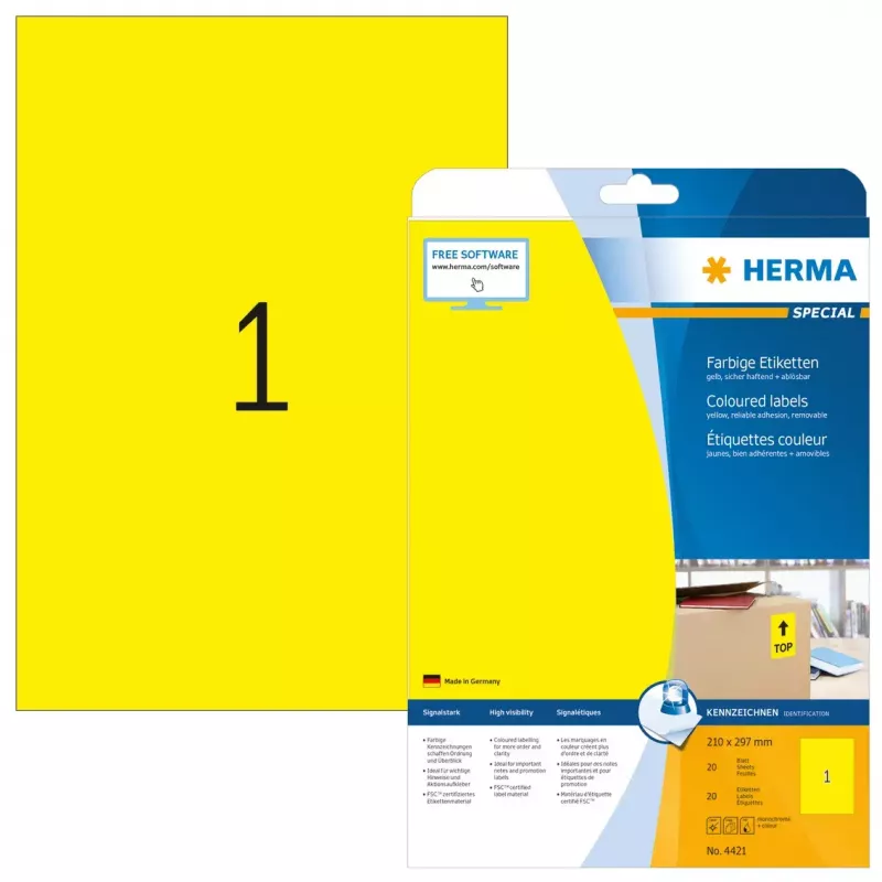 Pašlīmējošā printera etiķete HERMA Krāsainās etiķetes A4 210x297 mm dzeltena papīrs matēts 20 gab.