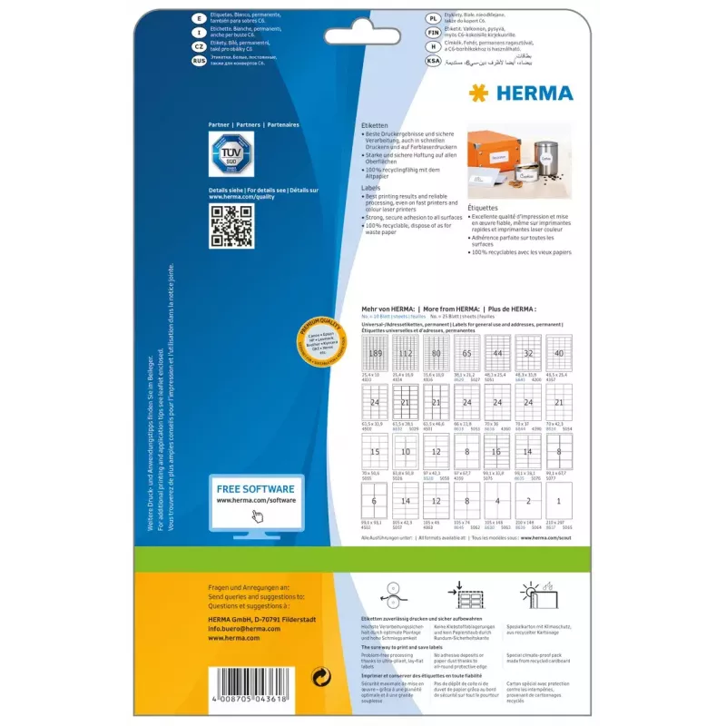 Pašlīmējošās printera uzlīmes HERMA Labels Premium A4 70x42 mm