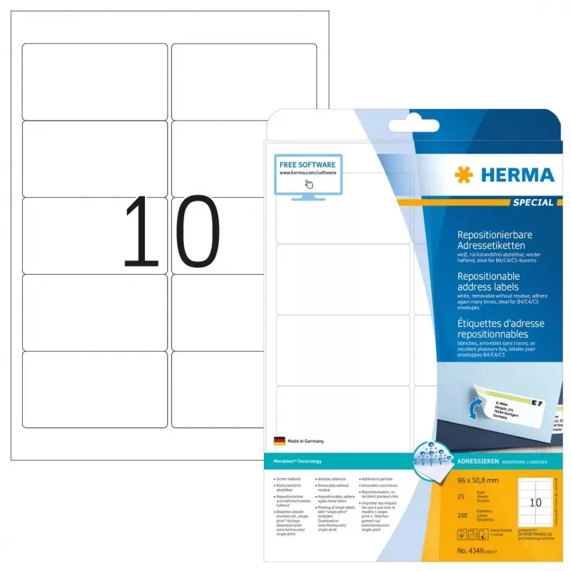 Pārvietojamas adrešu etiķetes HERMA Movables A4 96x50,8 mm