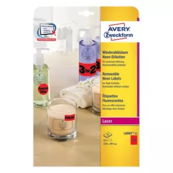 Pašlīmējoša etiķete Avery L6005-25 noapaļots taisnstūris, noņemama, sarkana