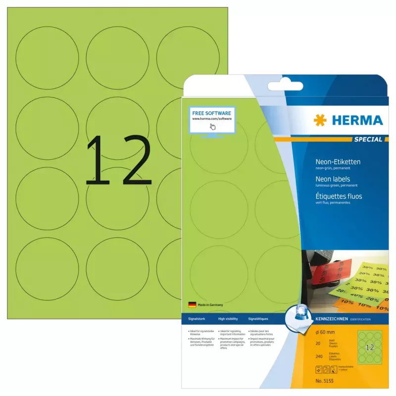 HERMA Neon etiķetes A4 pašlīmējošas, apaļas Ø 60 mm, neona zaļas