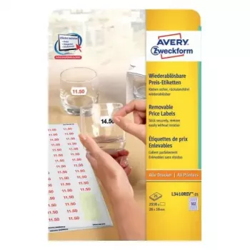 Pašlīmējošās etiķetes AVERY L3410REV-25 Noņemamas Baltas 2550 gab.