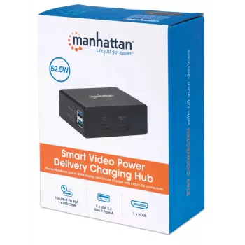 Manhattan Smart Video Multiport Dokstacija, HDMI, USB-A (x2), USB-C (x2), ar Power Delivery, iebūvēts barošanas bloks, melna