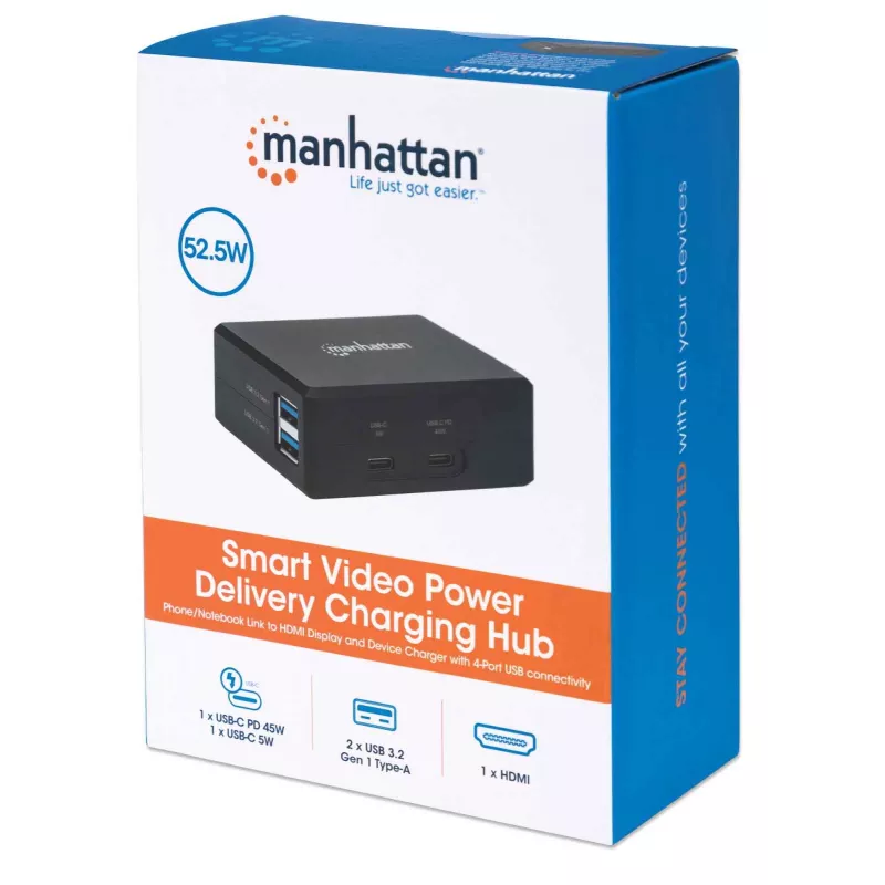 Manhattan Smart Video Multiport Dokstacija, HDMI, USB-A (x2), USB-C (x2), ar Power Delivery, iebūvēts barošanas bloks, melna