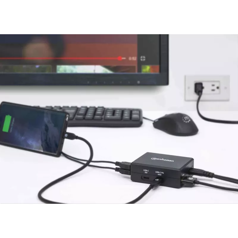 Manhattan Smart Video Multiport Dokstacija, HDMI, USB-A (x2), USB-C (x2), ar Power Delivery, iebūvēts barošanas bloks, melna