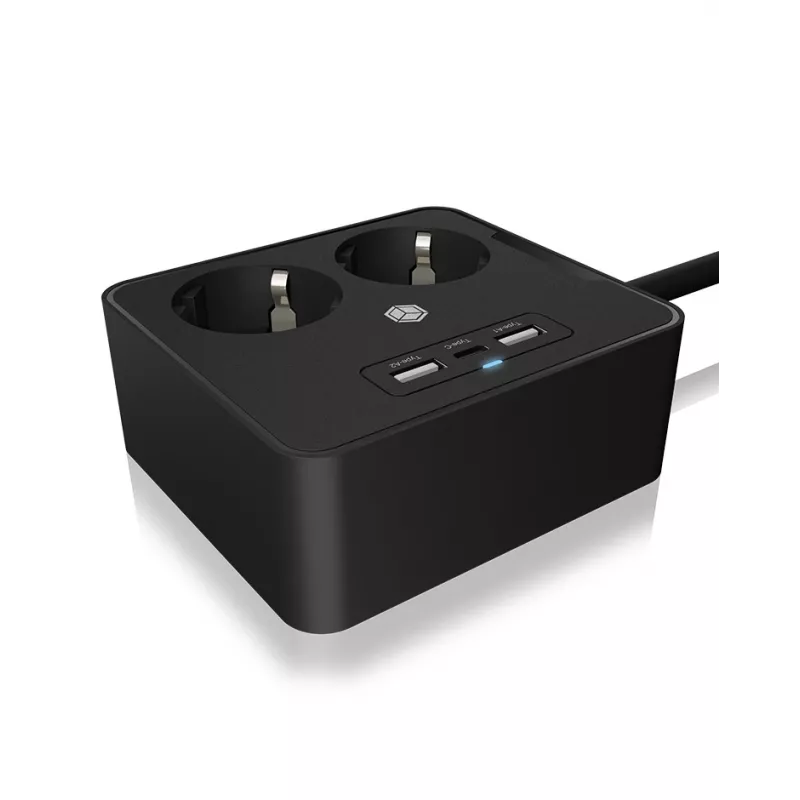 ICY BOX IB-MPS2220B-CH pagarinātājs 1.9 m 2 kontaktligzdas Iekštelpām Melns