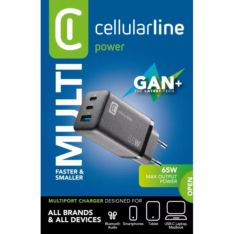 Cellularline Multipower Micro 65W – Īpaši kompakts 65W ātrais lādētājs ar 3 portiem