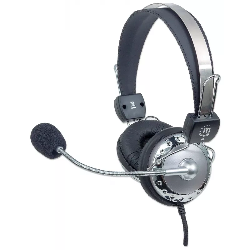 Manhattan Stereo Over-Ear austiņas ar mikrofonu, 3.5mm, regulējams tērauda galvas saite, skaļuma kontrole, 2.5m kabelis