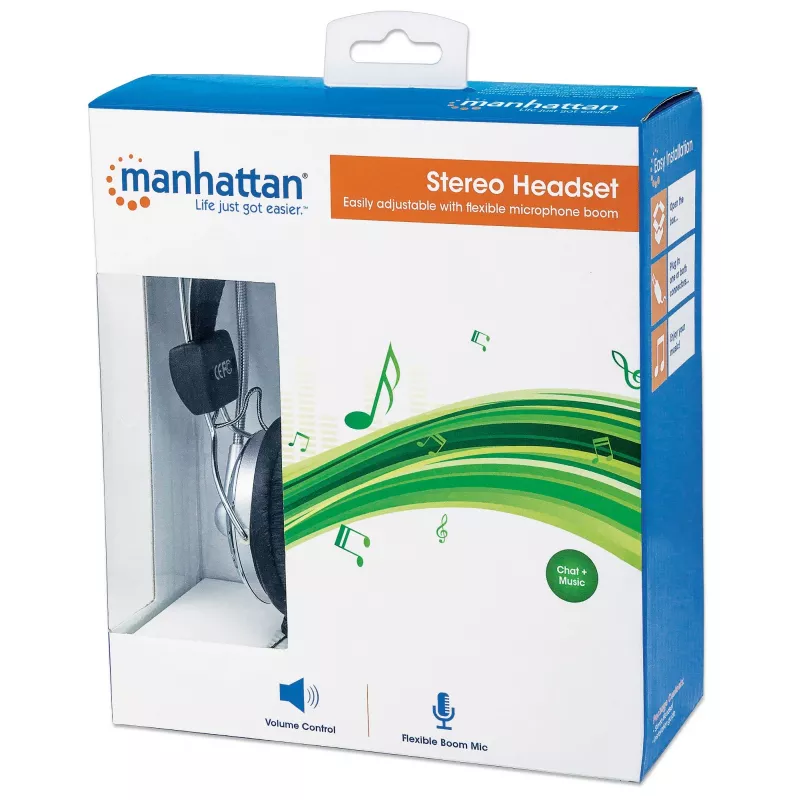 Manhattan Stereo Over-Ear austiņas ar mikrofonu, 3.5mm, regulējams tērauda galvas saite, skaļuma kontrole, 2.5m kabelis