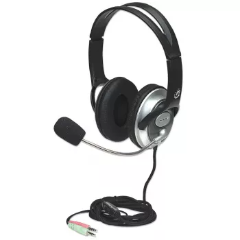 Manhattan Stereo Over-Ear Austiņas (3.5 mm), Mikrofons ar loku (polsterēts), Regulējams tērauda galvas saite, Skaļuma regulēšana uz vada, Ausu spilventiņi, Standarta 2x 3.5 mm stereo ligzda/spraudnis audio/mikrofonam, Kabelis 2.5 m, 3 gadu garantija