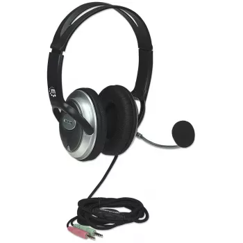 Manhattan Stereo Over-Ear Austiņas (3.5 mm), Mikrofons ar loku (polsterēts), Regulējams tērauda galvas saite, Skaļuma regulēšana uz vada, Ausu spilventiņi, Standarta 2x 3.5 mm stereo ligzda/spraudnis audio/mikrofonam, Kabelis 2.5 m, 3 gadu garantija