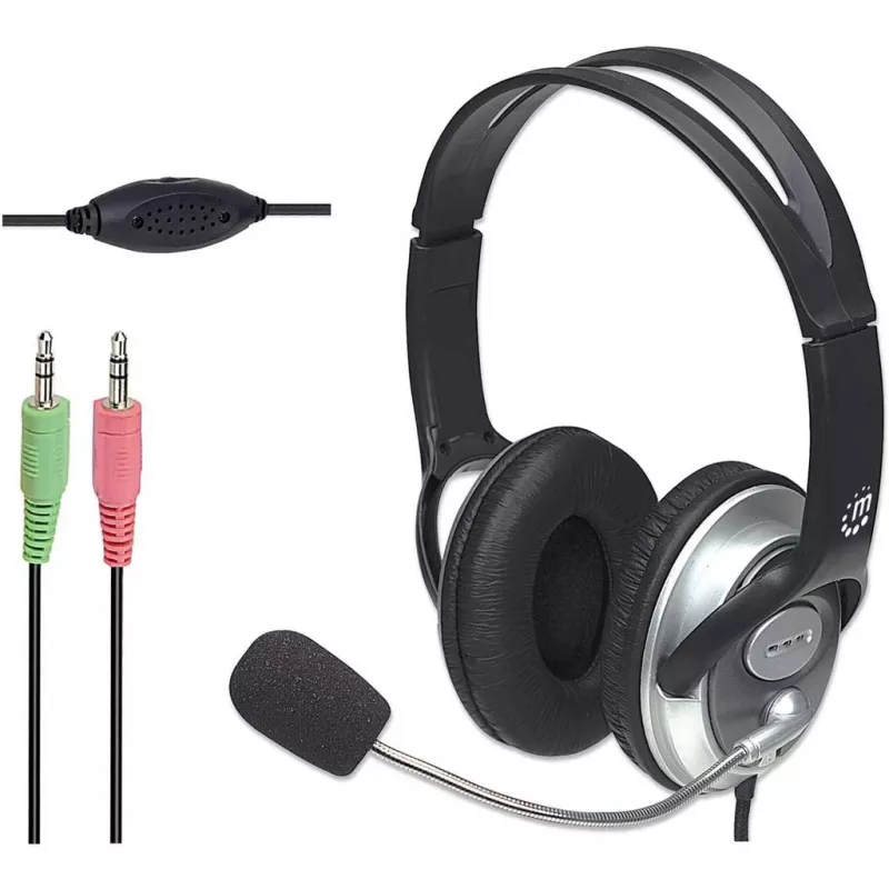 Manhattan Stereo Over-Ear Austiņas (3.5 mm), Mikrofons ar loku (polsterēts), Regulējams tērauda galvas saite, Skaļuma regulēšana uz vada, Ausu spilventiņi, Standarta 2x 3.5 mm stereo ligzda/spraudnis audio/mikrofonam, Kabelis 2.5 m, 3 gadu garantija