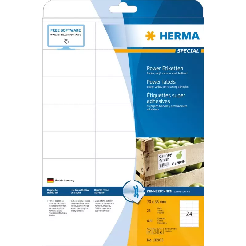 Pašlīmējošas printera etiķetes HERMA Labels A4 70x36 mm baltas, īpaši stipra līme, matēts papīrs, 600 gab.