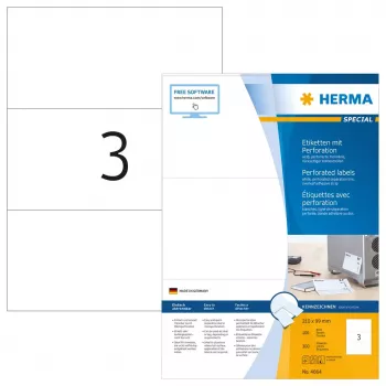 Pašlīmējošā printera etiķete HERMA 4664 A4 210x99 mm balts perforēts papīrs matēts 300 gab.