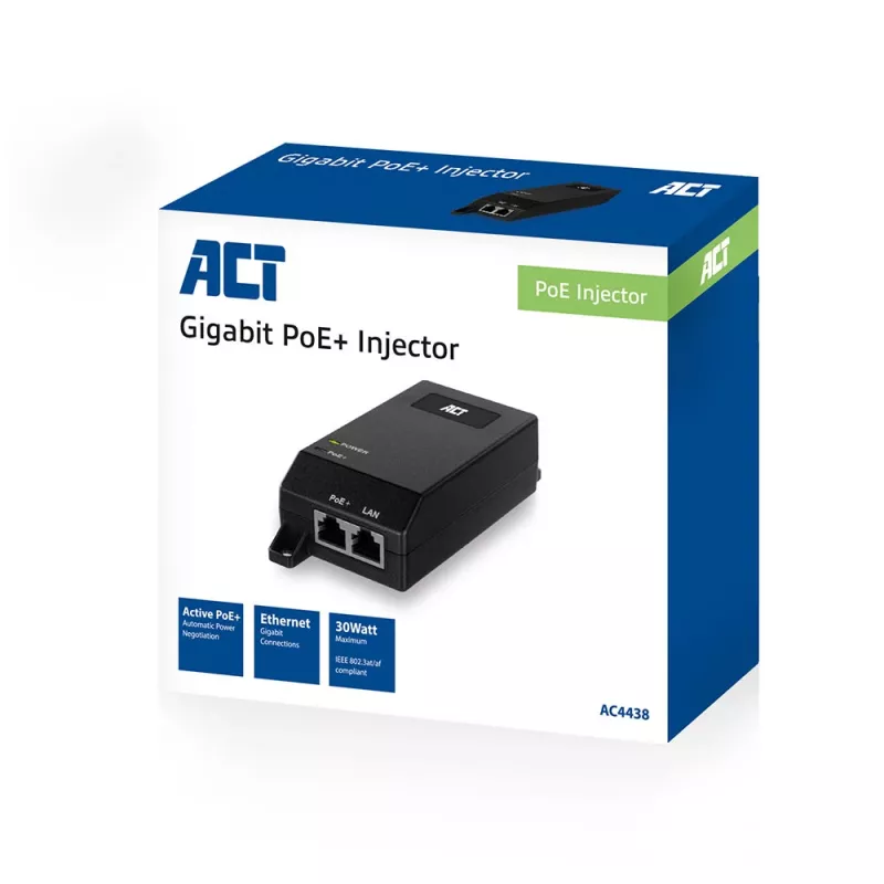 ACT Gigabit PoE+ (30W) Inžektors, Gigabit Ethernet, 10/100/1000 Mbit/s, IEEE 802.3af/at, Melns