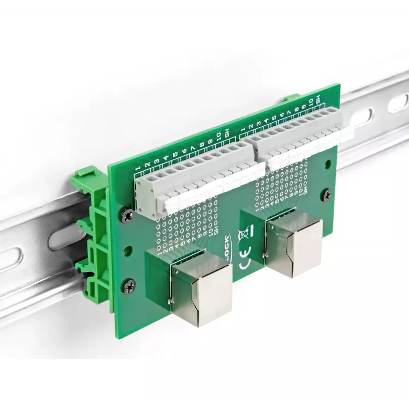 DeLOCK RJ50 2 x sievišķais uz 2 x spaiļu bloks ar spiedpogu DIN sliedei