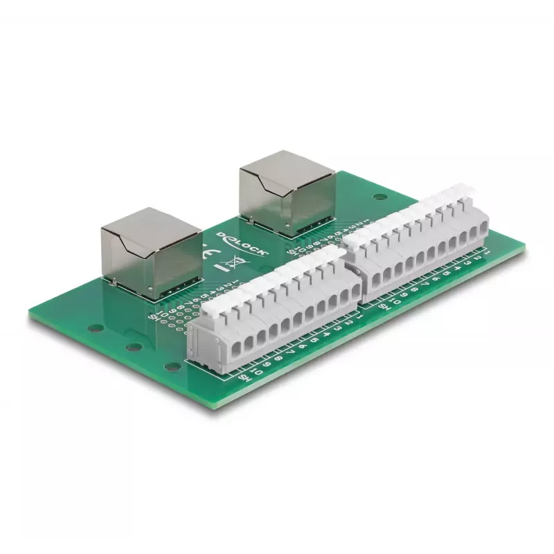 DeLOCK RJ50 2 x sievišķais uz 2 x spaiļu bloks ar spiedpogu DIN sliedei
