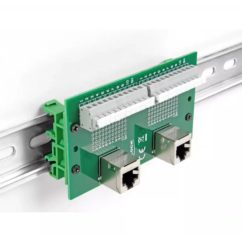 DeLOCK RJ50 2 x sievišķais uz 2 x spaiļu bloks ar spiedpogu DIN sliedei, leņķveida