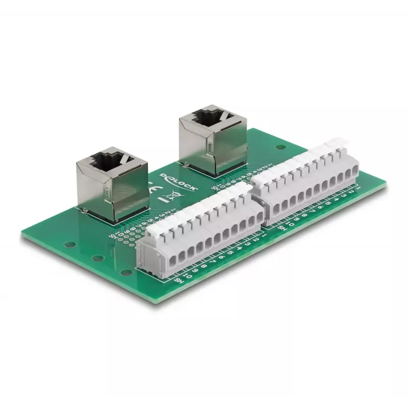 DeLOCK RJ50 2 x sievišķais uz 2 x spaiļu bloks ar spiedpogu DIN sliedei, leņķveida