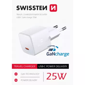 SWISSTEN Mini Travel Charger GaN 25W PD USB-C ātrais lādētājs telefoniem un planšetēm