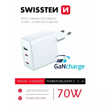 SWISSTEN Travel Charger GaN 70W 2×USB-C ātrs lādētājs klēpjdatoriem un telefoniem