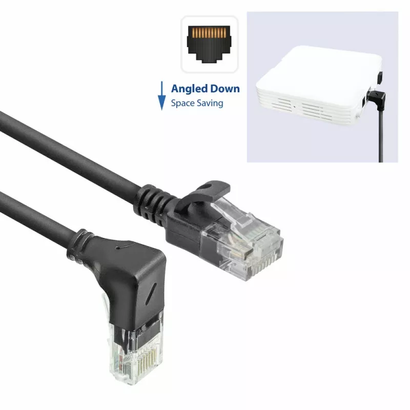 ACT Black 3 m U/UTP CAT6A LSZH Slimline savienojuma kabelis ar RJ45 savienotājiem 90° leņķī uz leju un taisnu