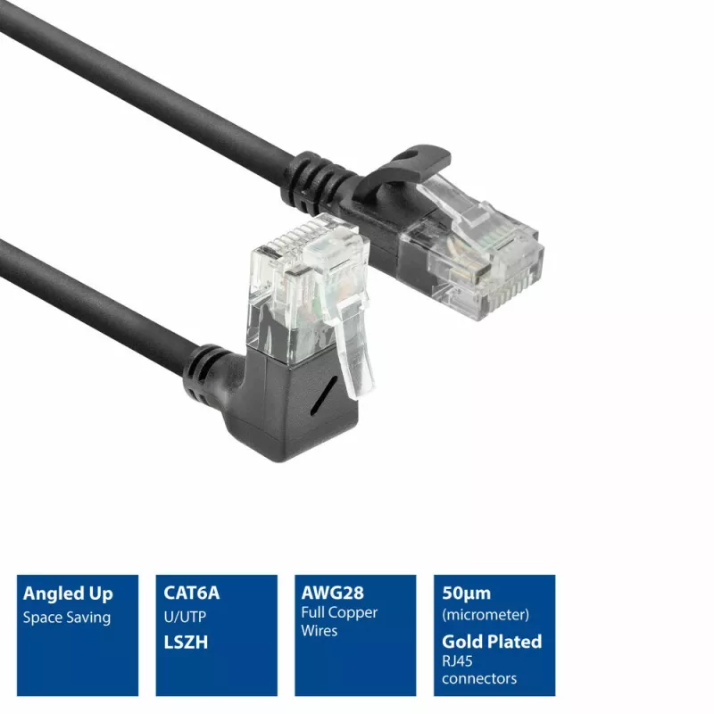 ACT Black 3 m U/UTP CAT6A LSZH Slimline patch kabelis ar RJ45 savienotājiem 90° leņķī uz augšu līdz taisnam