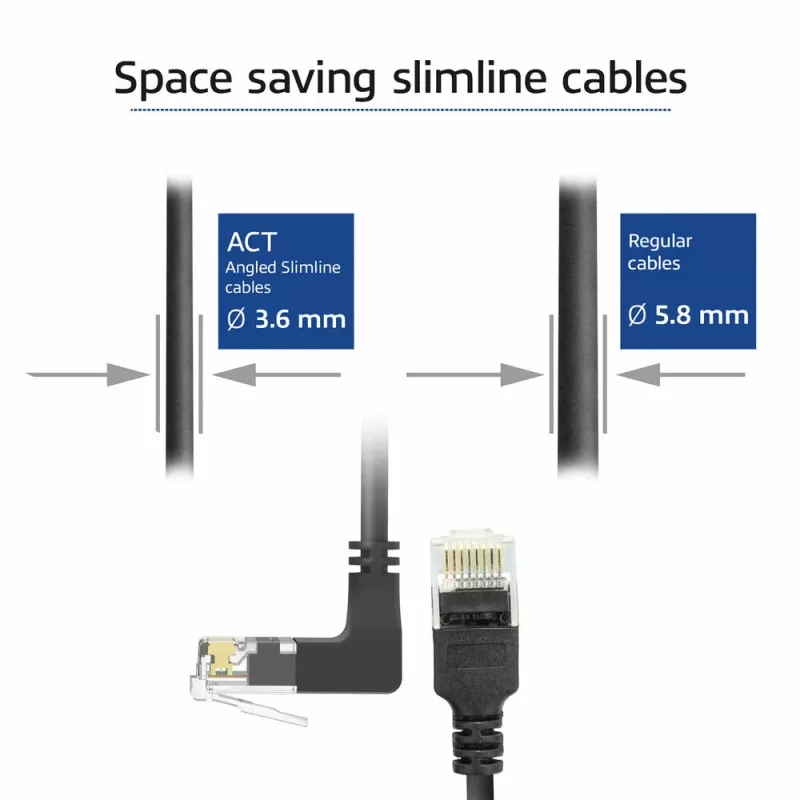 ACT Black 3 m U/UTP CAT6A LSZH Slimline patch kabelis ar RJ45 savienotājiem 90° leņķī uz augšu līdz taisnam