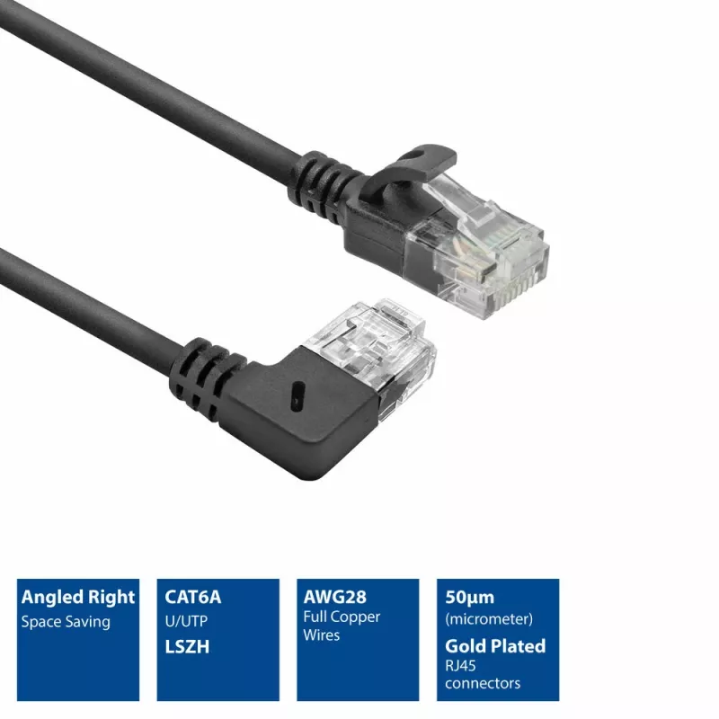 ACT Black 0.25 m U/UTP CAT6A LSZH Slimline patch vads ar RJ45 savienotājiem 90° leņķī pa labi uz taisno
