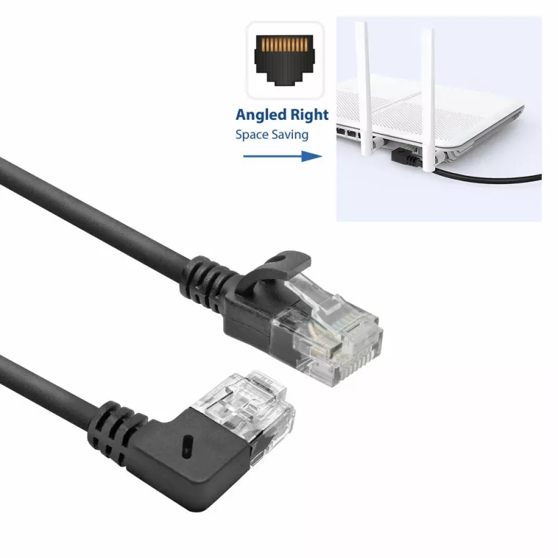 ACT Black 0.25 m U/UTP CAT6A LSZH Slimline patch vads ar RJ45 savienotājiem 90° leņķī pa labi uz taisno