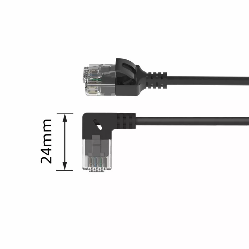 ACT Black 0.25 m U/UTP CAT6A LSZH Slimline patch vads ar RJ45 savienotājiem 90° leņķī pa labi uz taisno