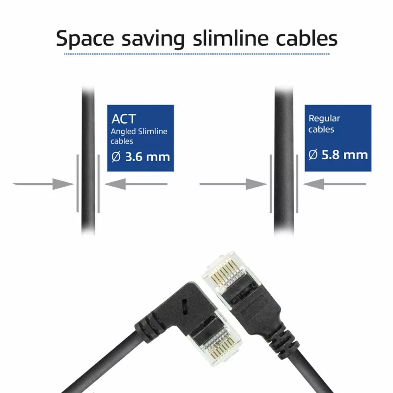 ACT Black 0.25 m U/UTP CAT6A LSZH Slimline patch vads ar RJ45 savienotājiem 90° leņķī pa labi uz taisno