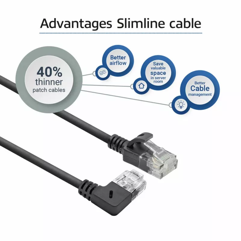 ACT Black 0.25 m U/UTP CAT6A LSZH Slimline patch vads ar RJ45 savienotājiem 90° leņķī pa labi uz taisno