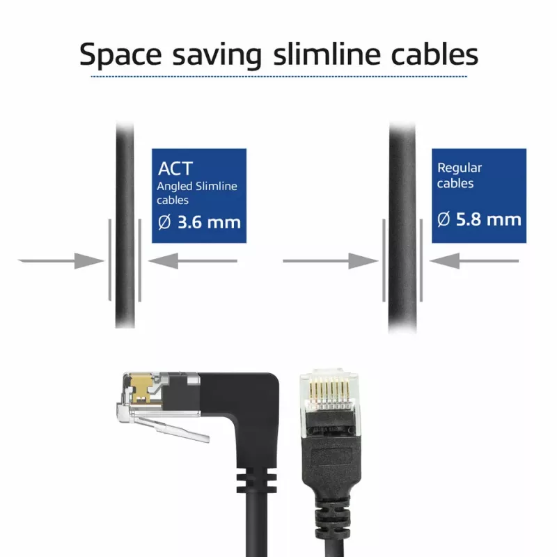 ACT Black 0.5 m U/UTP CAT6A LSZH plāns lēciena kabelis ar RJ45 90° leņķa savienotāju