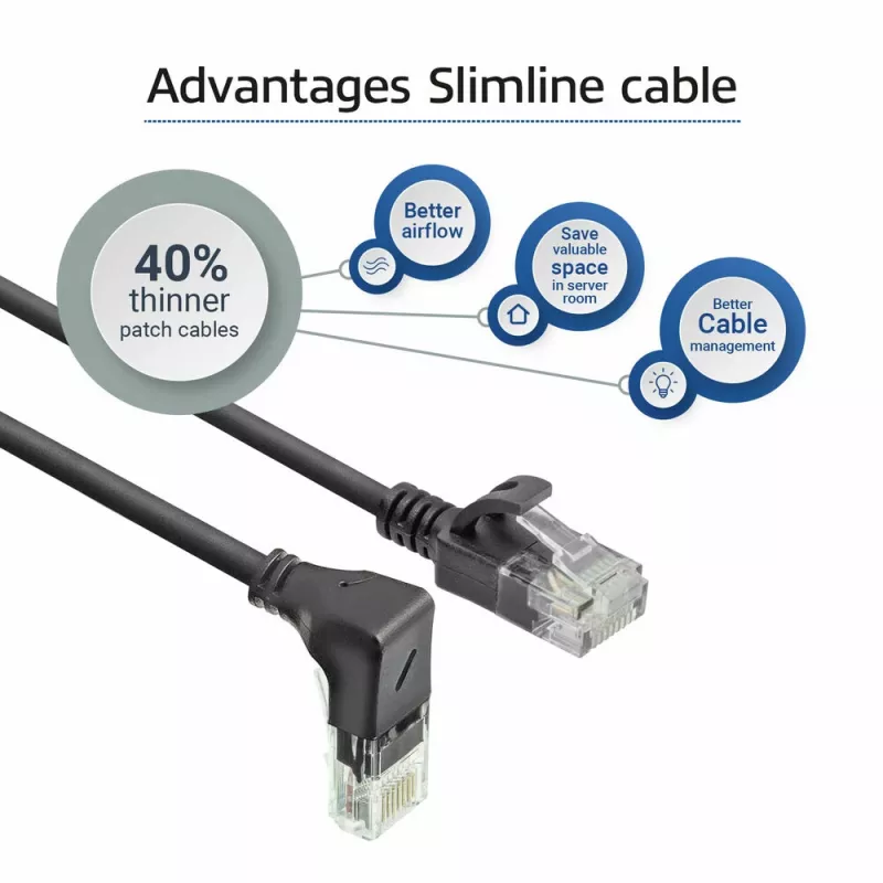 ACT Black 0.15 m U/UTP CAT6A LSZH plāns lēcienvads ar RJ45 savienotājiem 90° leņķī uz leju līdz taisnam
