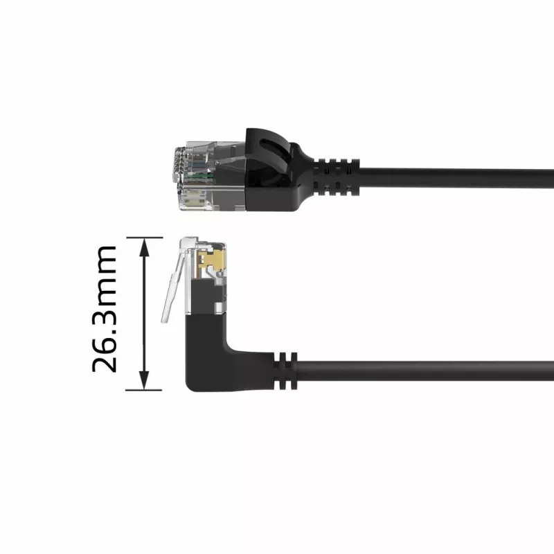 ACT Black 0,5 m U/UTP CAT6A LSZH Slinkā patch vads ar RJ45 savienotājiem 90° leņķī uz augšu līdz taisnam