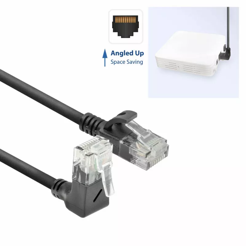ACT Black 0.15 m U/UTP CAT6A LSZH plāns plākstera kabelis ar RJ45 savienotājiem 90° leņķī uz augšu līdz taisnam