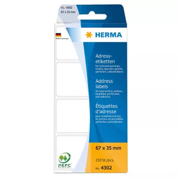 HERMA nepārtrauktās salocītās adrešu etiķetes 67x37 mm balts papīrs 250 gab.
