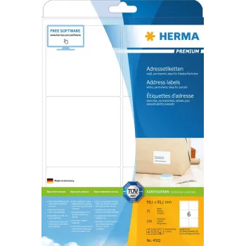 HERMA Premium adrešu uzlīmes A4 99,1x93,1 mm, 150 gab.