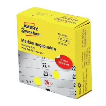 Pašlīmējošas apaļas etiķetes Avery 3852, 1 cm diametrs, pastāvīga līme, 800 gab., dzeltenas
