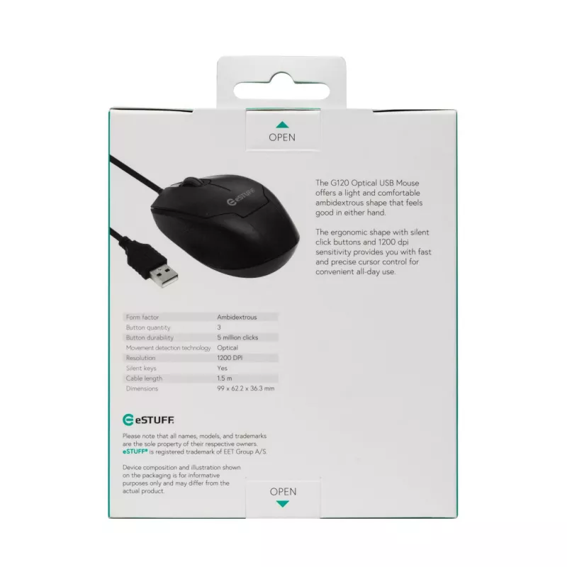 eSTUFF GLB213002 optiskā pele, ambidextrous, USB-A, 1200 DPI