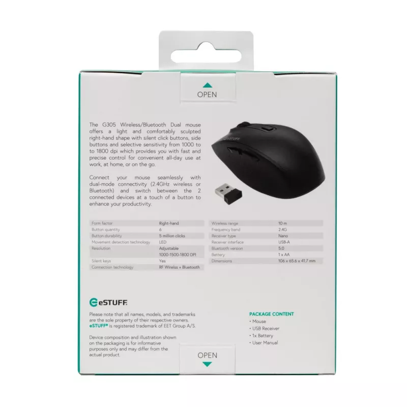 eSTUFF GLB214002 pele Office labā roka RF Bezvadu + Bluetooth IR LED 1800 DPI