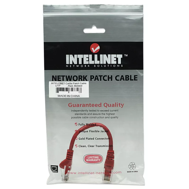 Intellinet tīkla vads, Cat5e, 0,5m, Sarkans, CCA, U/UTP, PVC, RJ45, Apzeltīti kontakti, Aizsargāts, Ar aizsargvāciņu, Mūža garantija