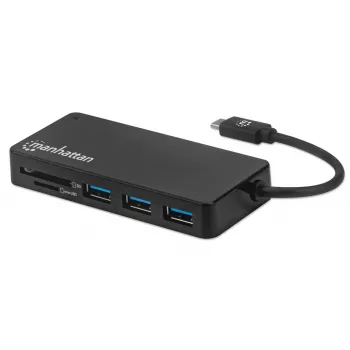 Manhattan USB-C centrmezgls ar karšu lasītāju, 3x USB-A, 5 Gbps (USB 3.2 Gen1), melns