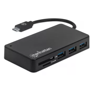 Manhattan USB-C centrmezgls ar karšu lasītāju, 3x USB-A, 5 Gbps (USB 3.2 Gen1), melns